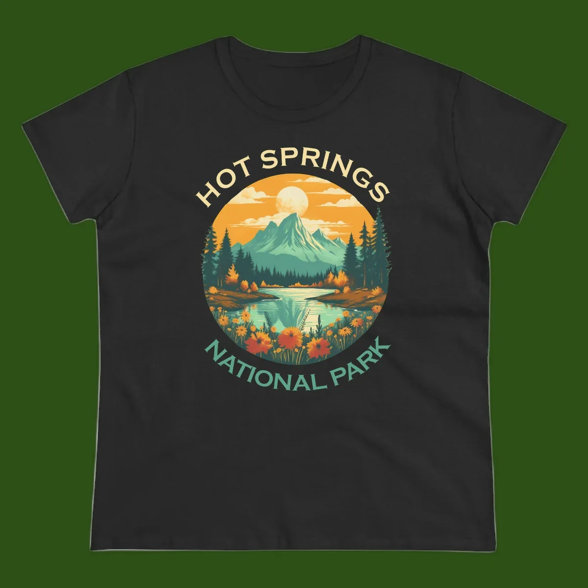 Hot Springs National Park vista illustration with mountain, wildflowers, stream, and forest in circular badge design