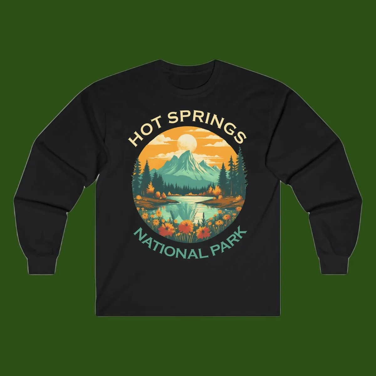 Hot Springs National Park vista illustration with mountain, wildflowers, stream, and forest in circular badge design