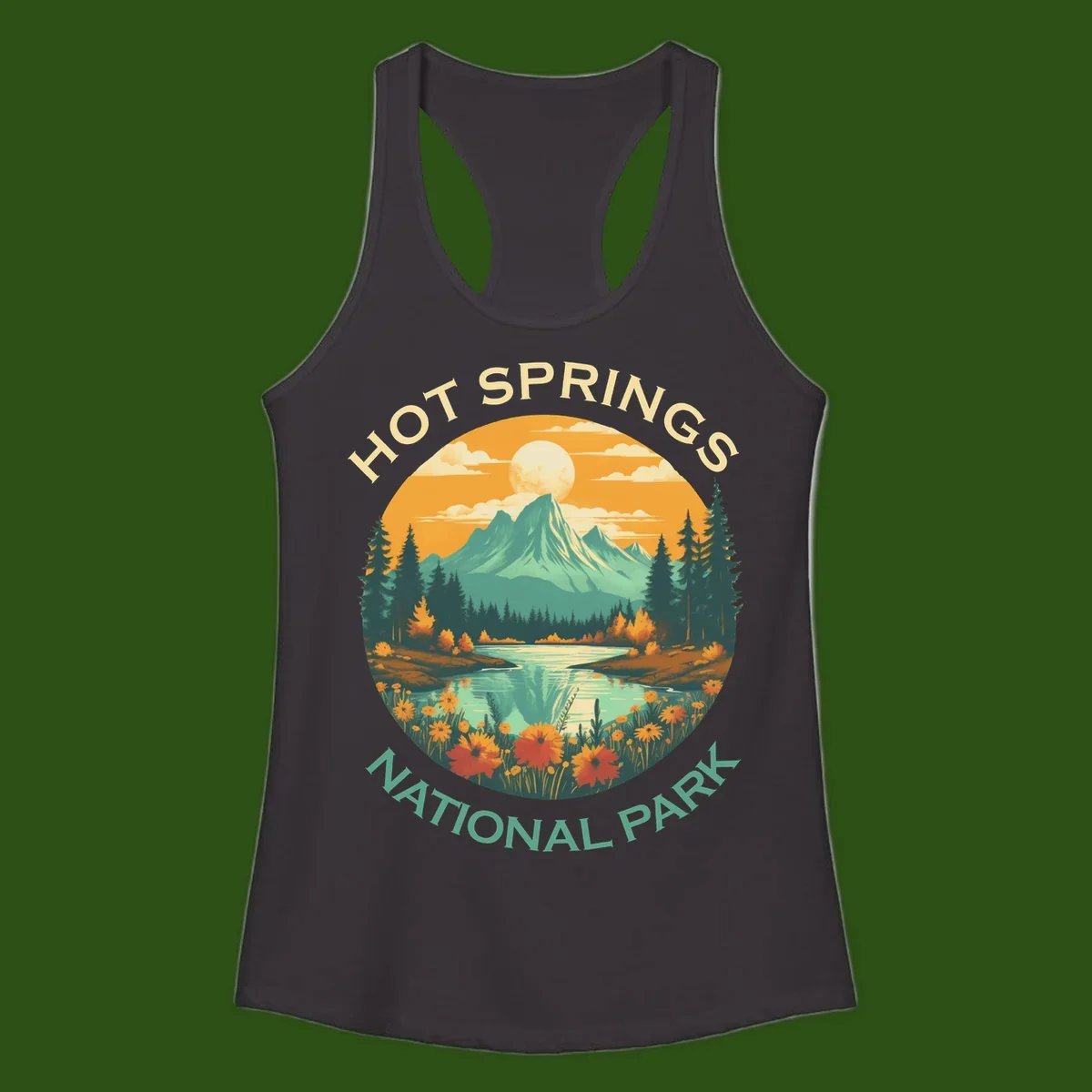Hot Springs National Park vista illustration with mountain, wildflowers, stream, and forest in circular badge design