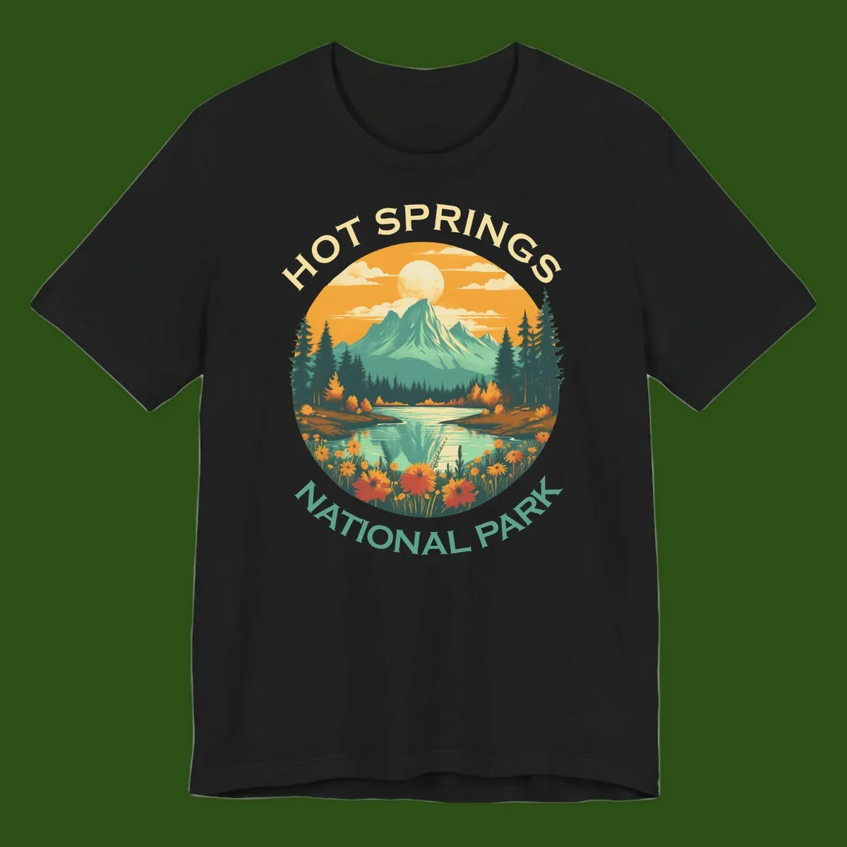 Hot Springs National Park vista illustration with mountain, wildflowers, stream, and forest in circular badge design