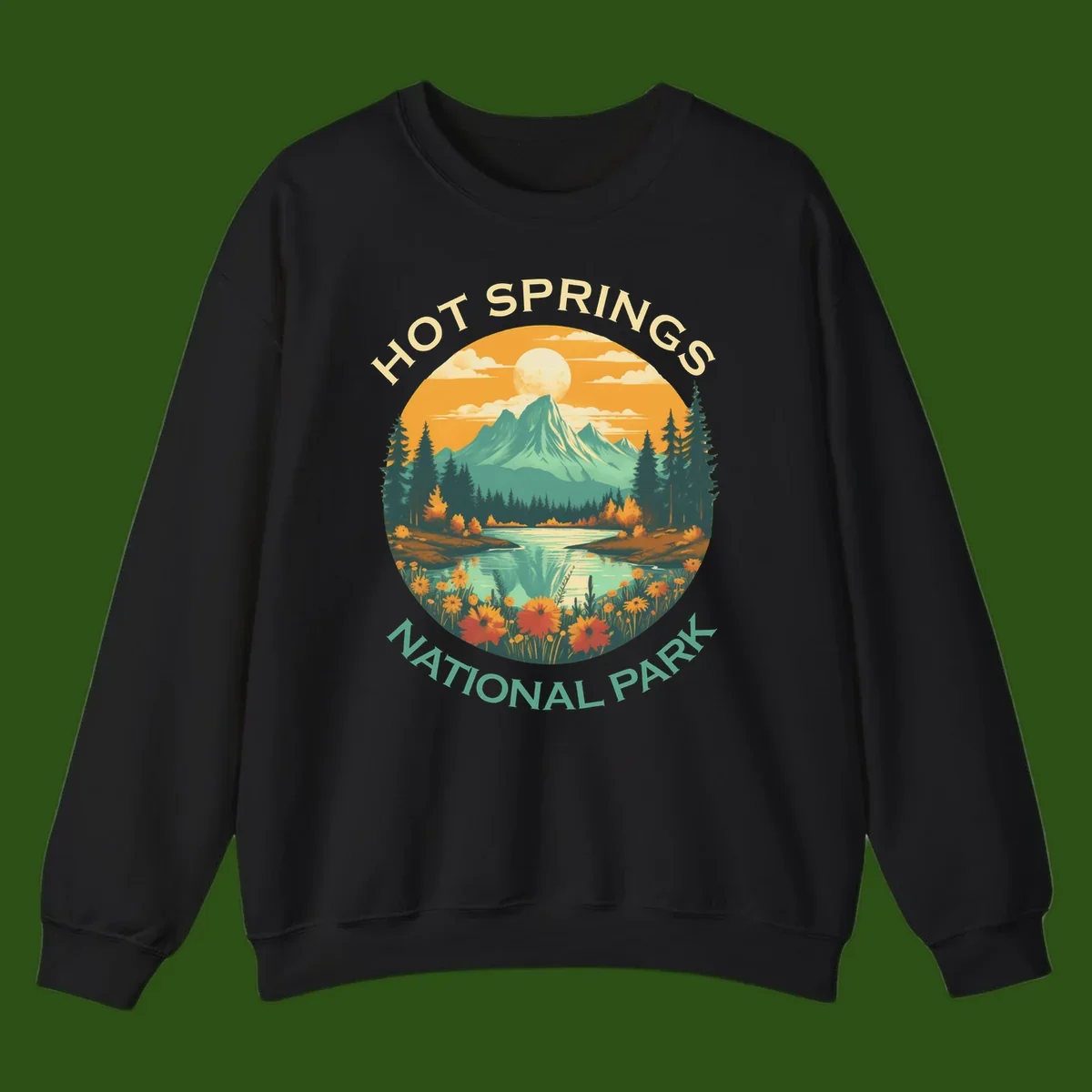 Hot Springs National Park vista illustration with mountain, wildflowers, stream, and forest in circular badge design