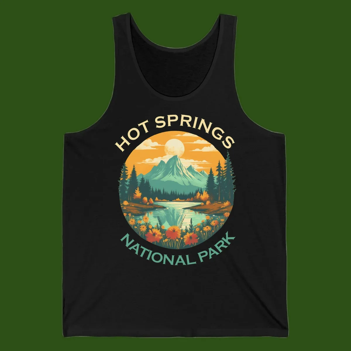 Hot Springs National Park vista illustration with mountain, wildflowers, stream, and forest in circular badge design
