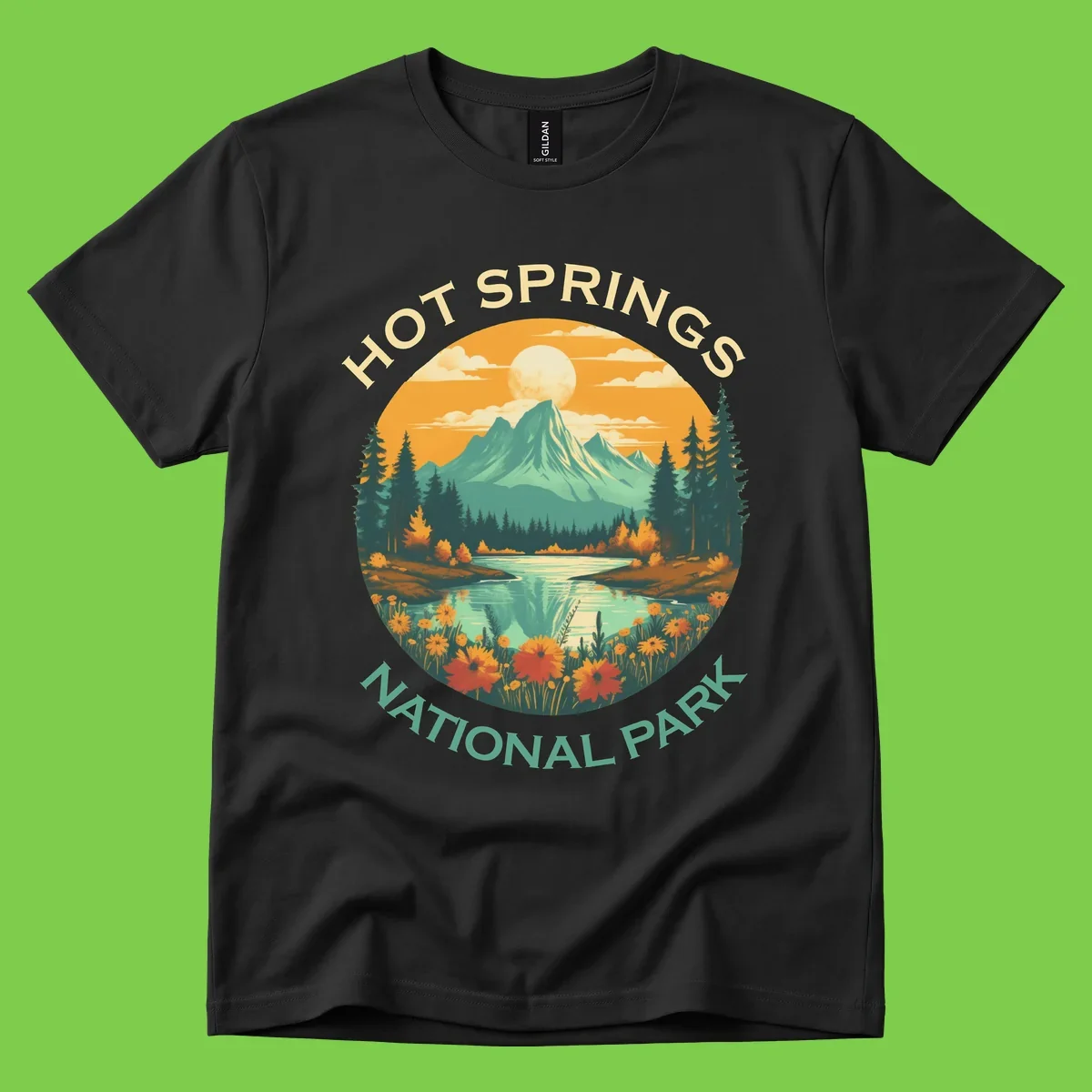 Hot Springs National Park vista illustration with mountain, wildflowers, stream, and forest in circular badge design