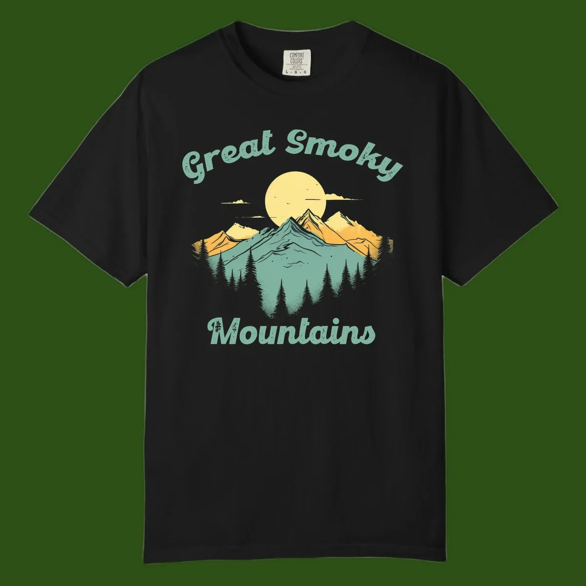 Layered mountain landscape with golden peaks, evergreen forest, and sunset sun in mint and gold tones