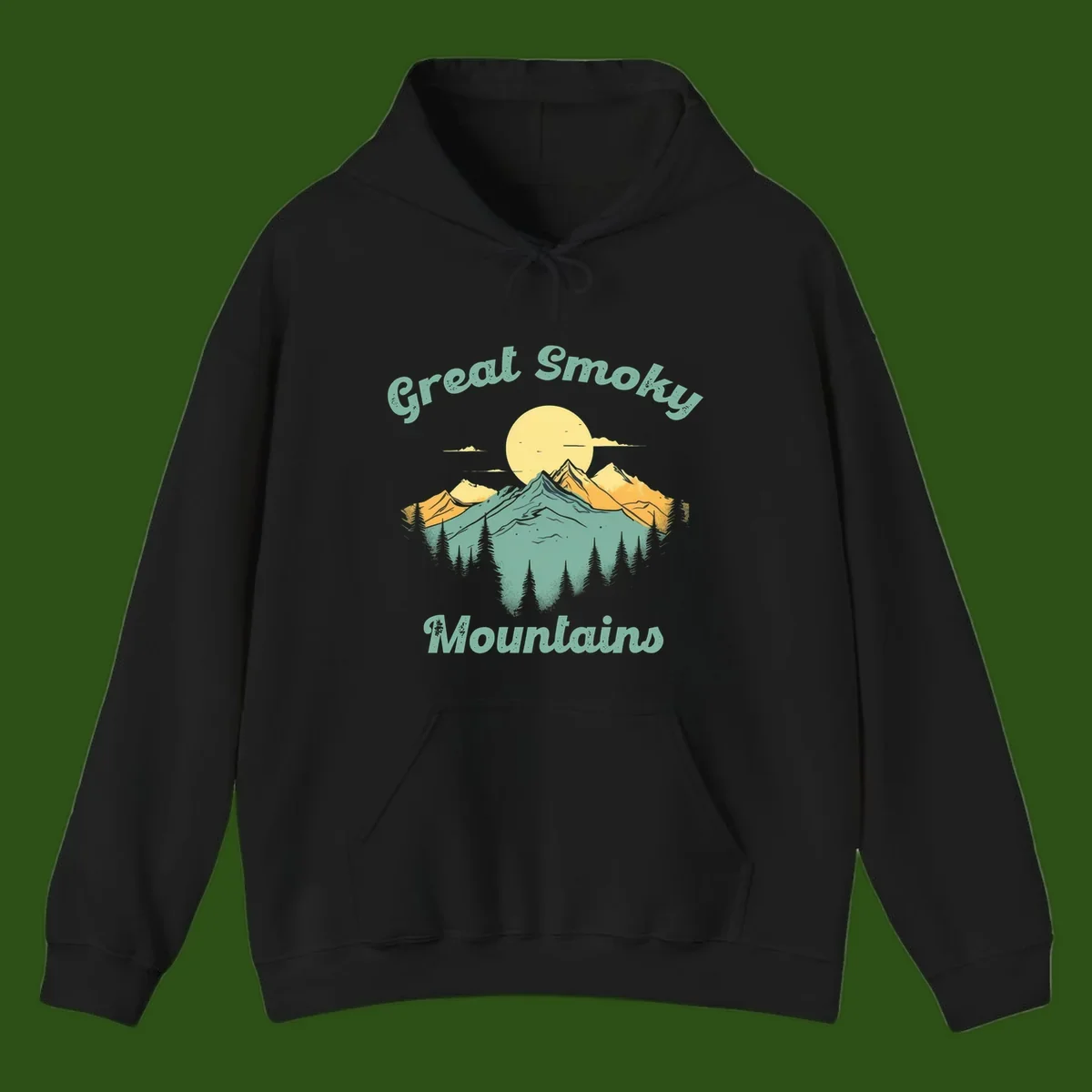 Layered mountain landscape with golden peaks, evergreen forest, and sunset sun in mint and gold tones