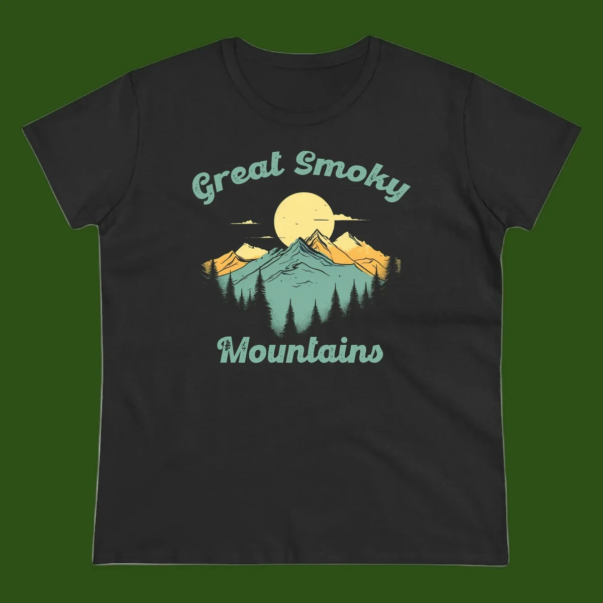 Layered mountain landscape with golden peaks, evergreen forest, and sunset sun in mint and gold tones