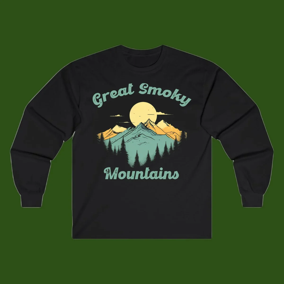 Layered mountain landscape with golden peaks, evergreen forest, and sunset sun in mint and gold tones