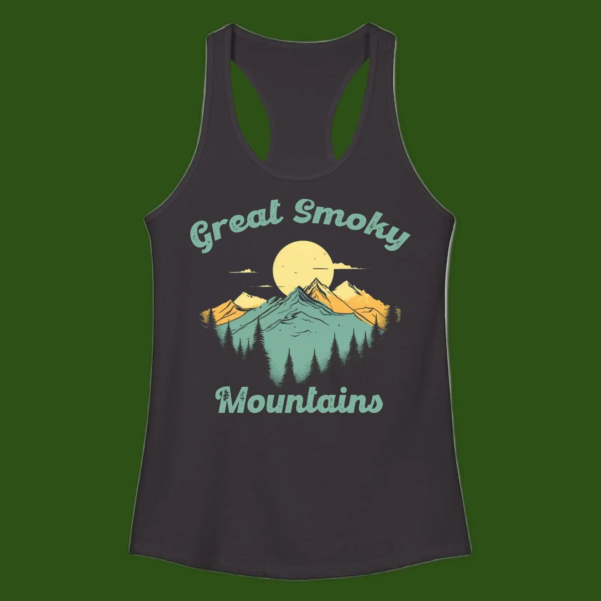 Layered mountain landscape with golden peaks, evergreen forest, and sunset sun in mint and gold tones