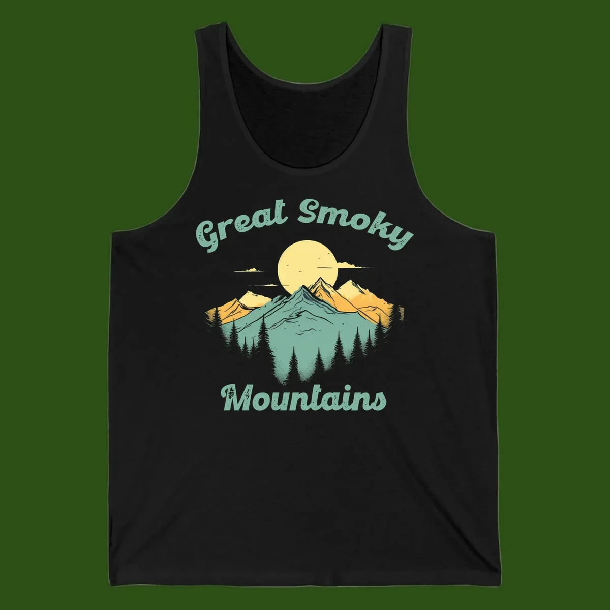 Layered mountain landscape with golden peaks, evergreen forest, and sunset sun in mint and gold tones