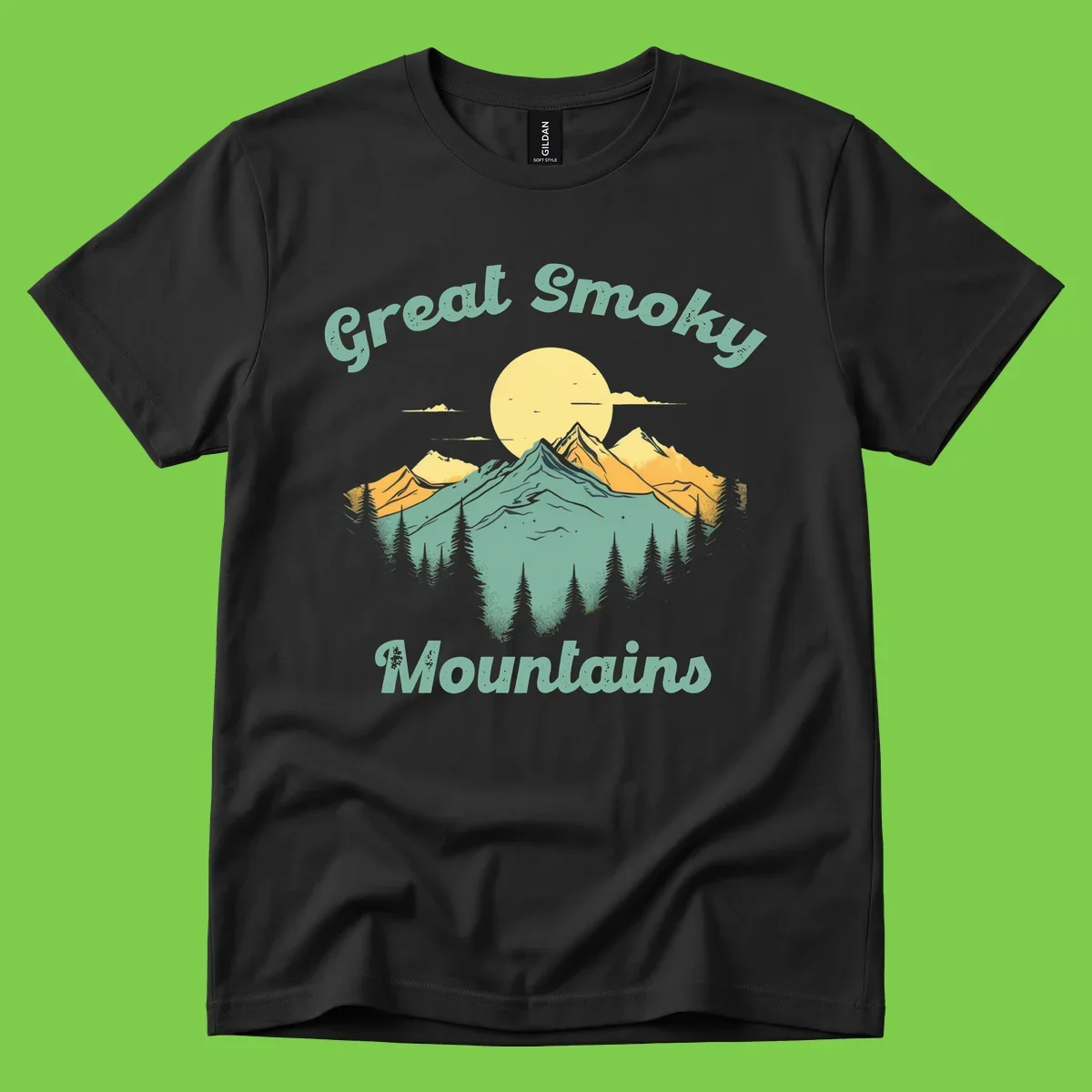 Layered mountain landscape with golden peaks, evergreen forest, and sunset sun in mint and gold tones