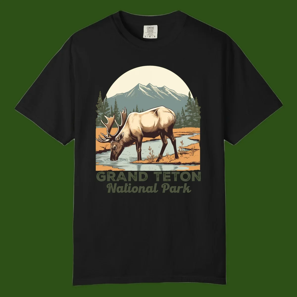 Vintage poster-style illustration of an elk drinking from a stream with Grand Teton mountains and forest in background
