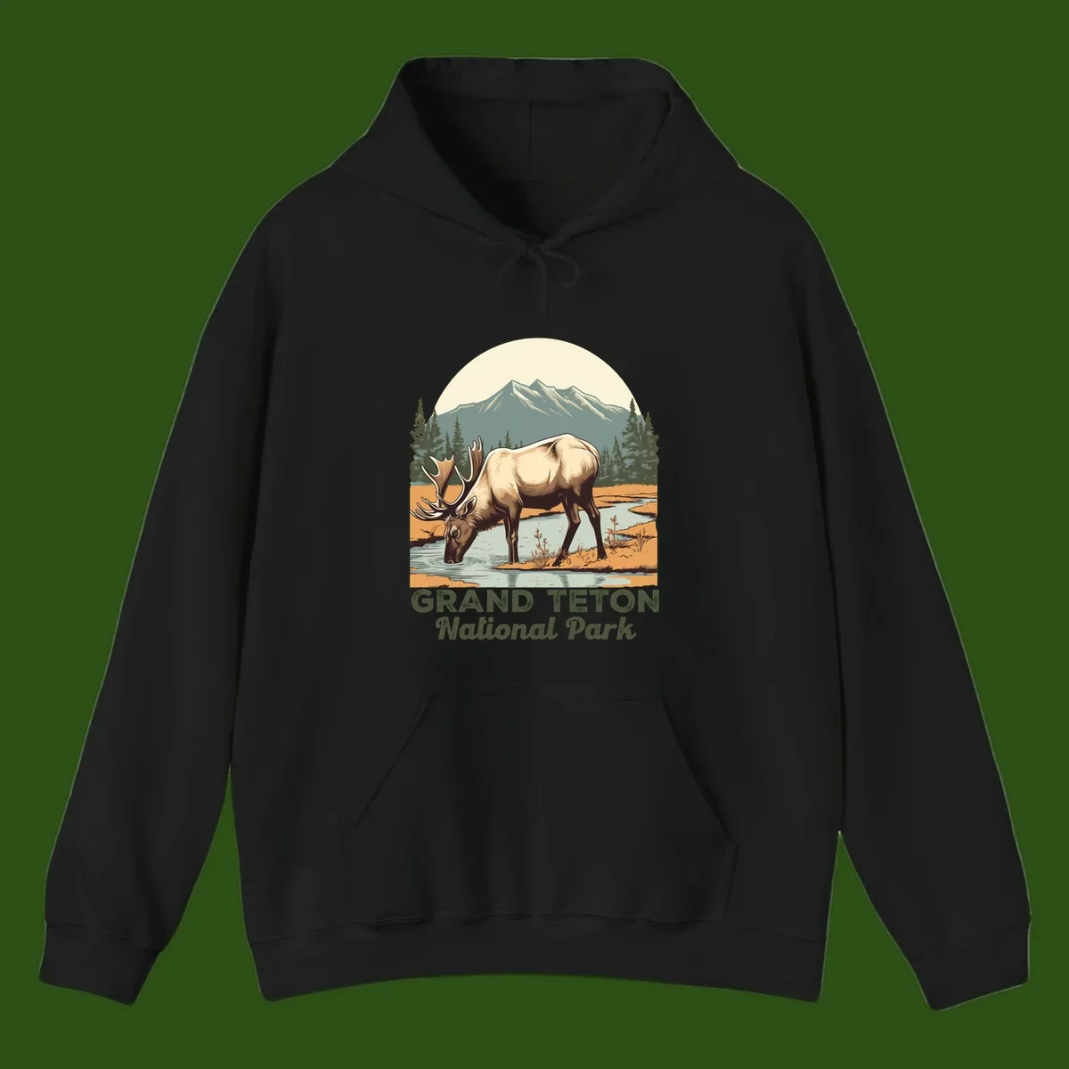 Vintage poster-style illustration of an elk drinking from a stream with Grand Teton mountains and forest in background