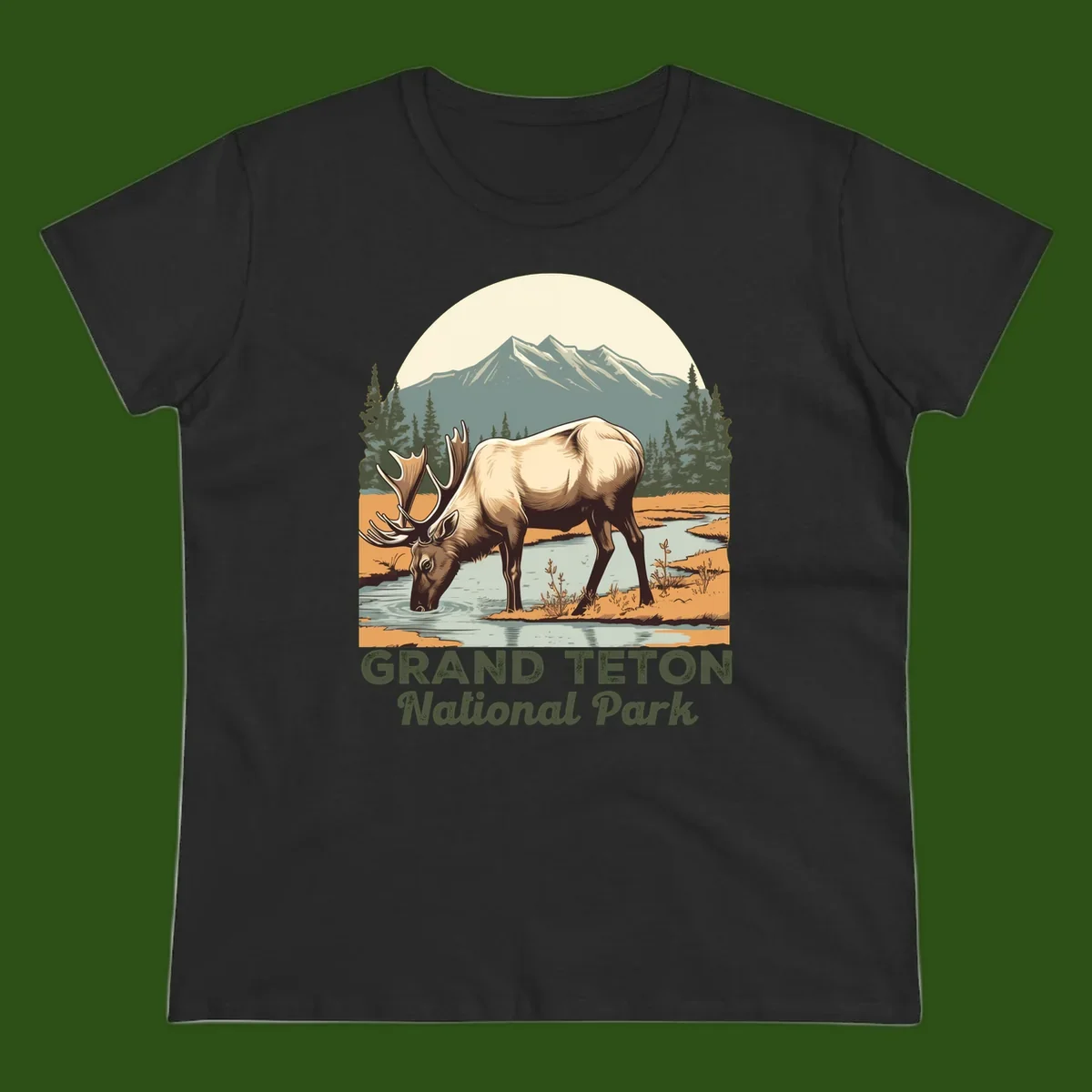 Vintage poster-style illustration of an elk drinking from a stream with Grand Teton mountains and forest in background