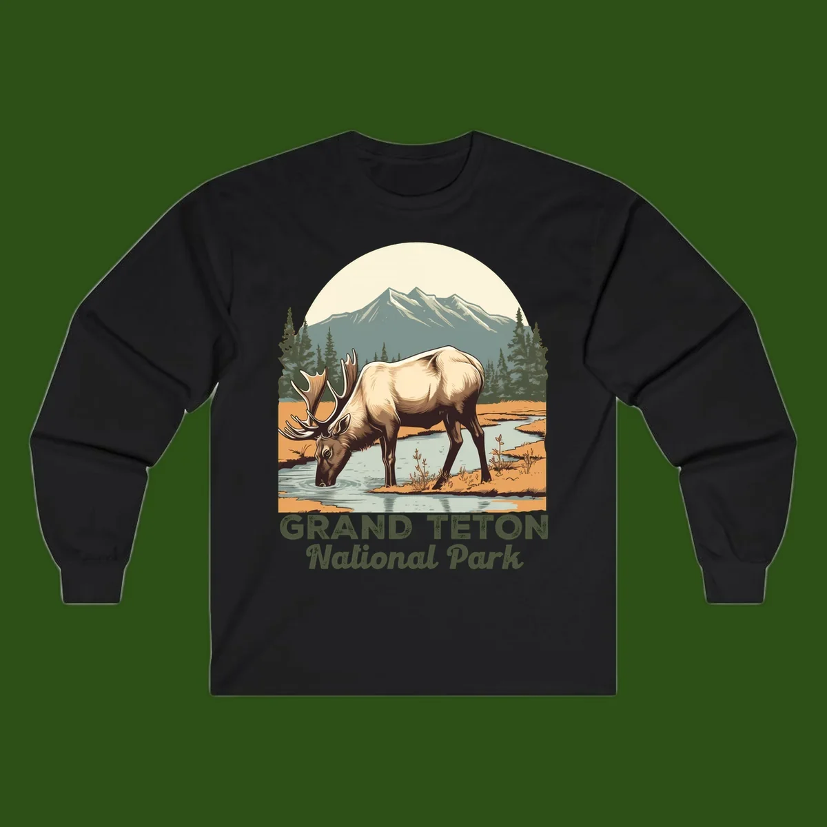 Vintage poster-style illustration of an elk drinking from a stream with Grand Teton mountains and forest in background