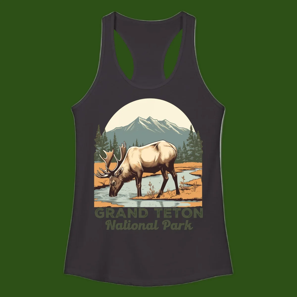 Vintage poster-style illustration of an elk drinking from a stream with Grand Teton mountains and forest in background