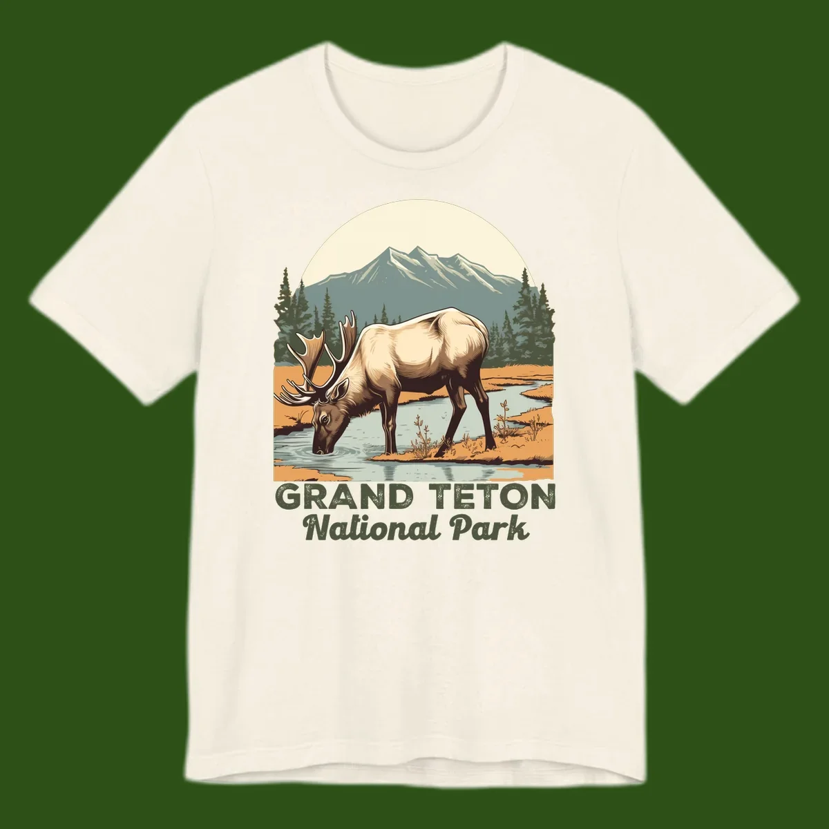 Vintage poster-style illustration of an elk drinking from a stream with Grand Teton mountains and forest in background