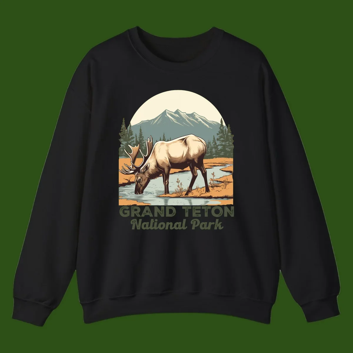 Vintage poster-style illustration of an elk drinking from a stream with Grand Teton mountains and forest in background