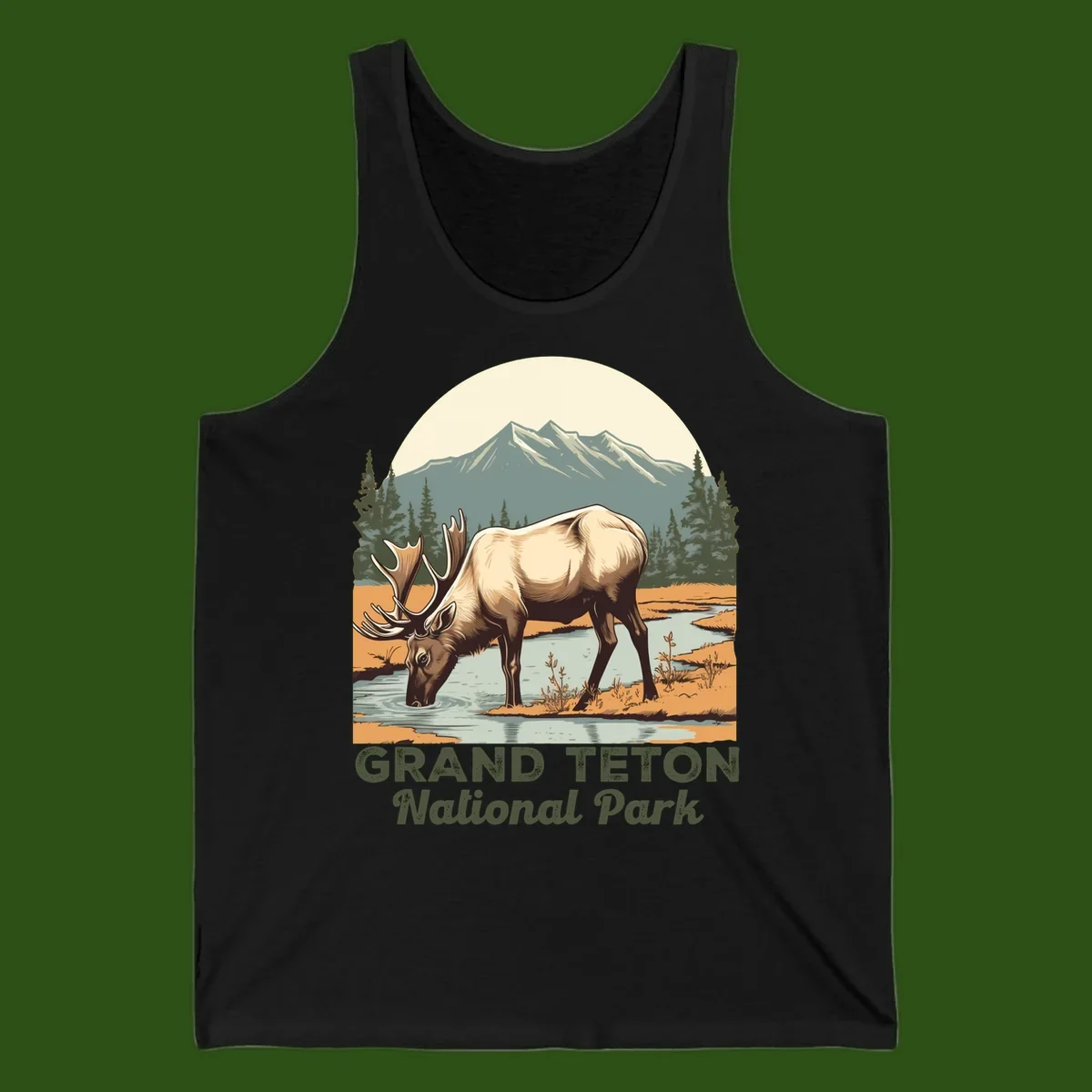 Vintage poster-style illustration of an elk drinking from a stream with Grand Teton mountains and forest in background