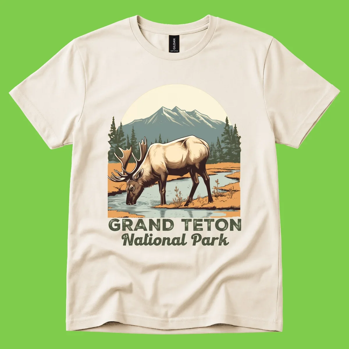 Vintage poster-style illustration of an elk drinking from a stream with Grand Teton mountains and forest in background