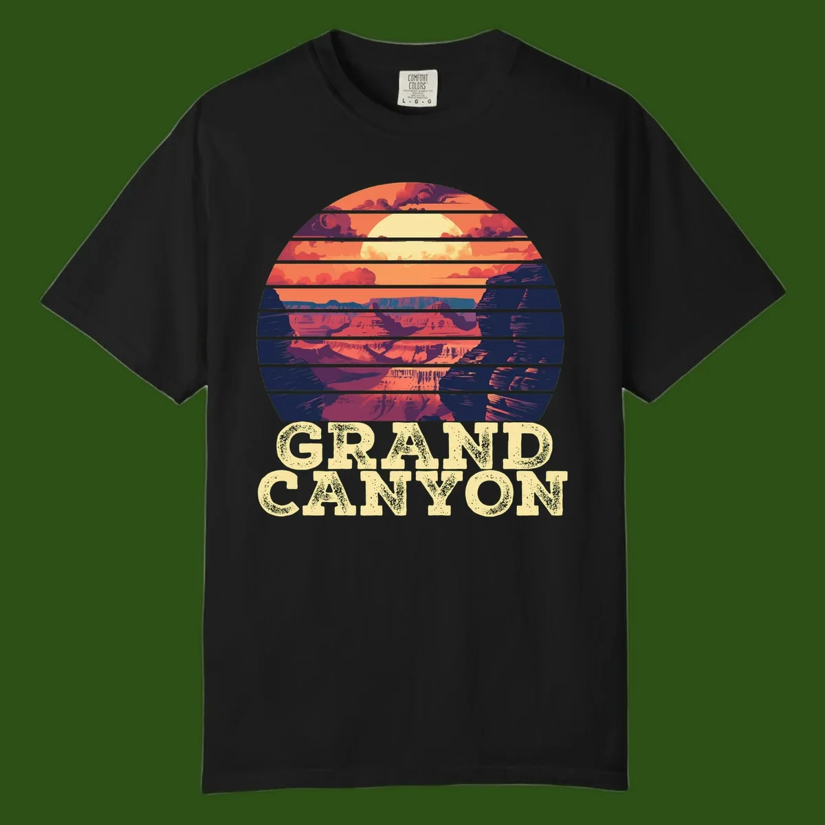 Grand Canyon sunset landscape in horizontal stripes with warm orange and red tones fading to dark blue, featuring distressed GRAND CANYON text