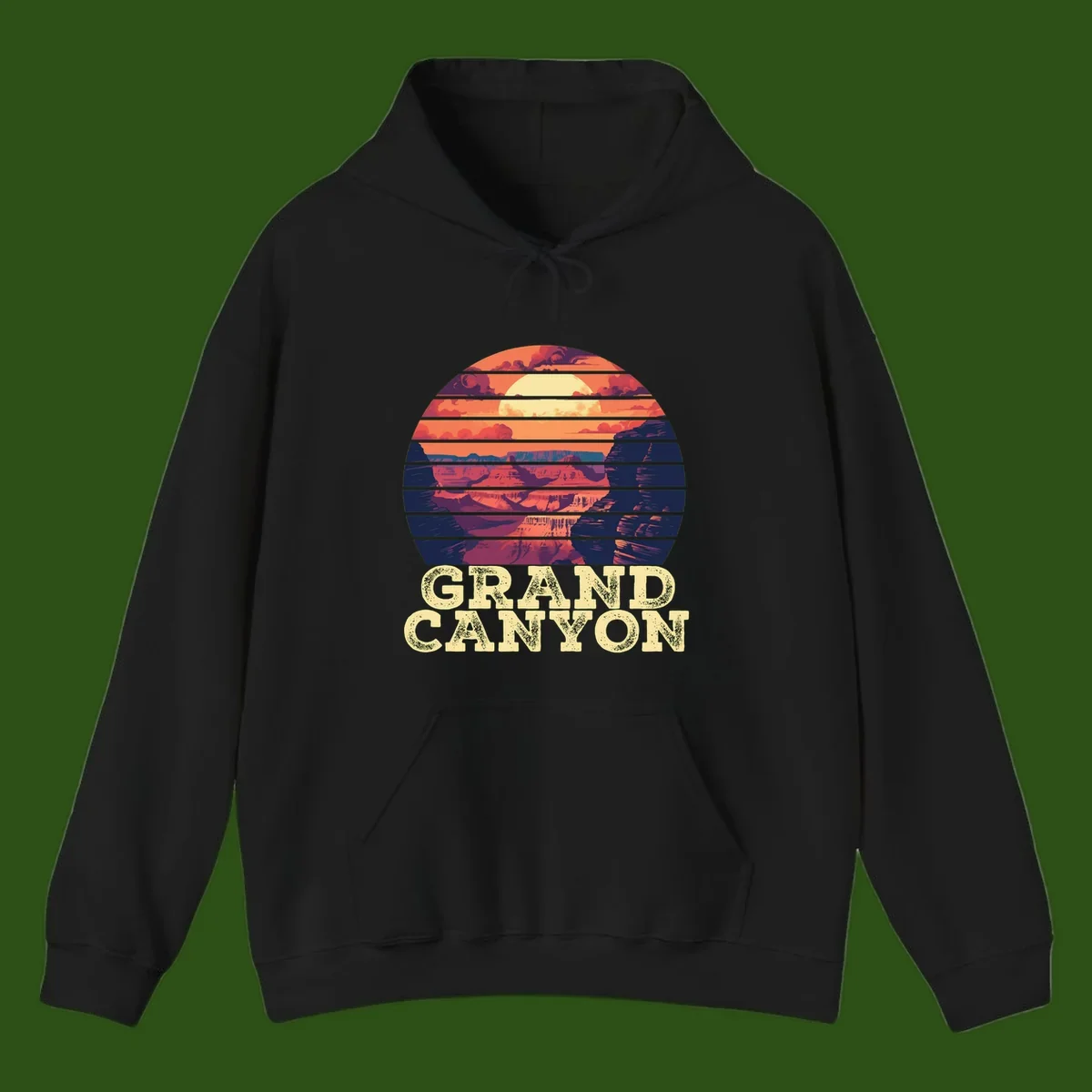 Grand Canyon sunset landscape in horizontal stripes with warm orange and red tones fading to dark blue, featuring distressed GRAND CANYON text