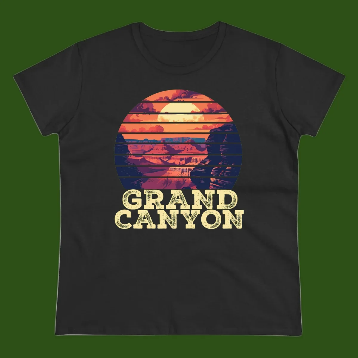Grand Canyon sunset landscape in horizontal stripes with warm orange and red tones fading to dark blue, featuring distressed GRAND CANYON text