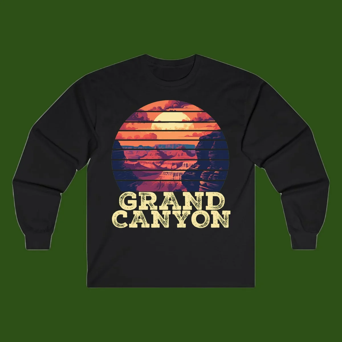 Grand Canyon sunset landscape in horizontal stripes with warm orange and red tones fading to dark blue, featuring distressed GRAND CANYON text
