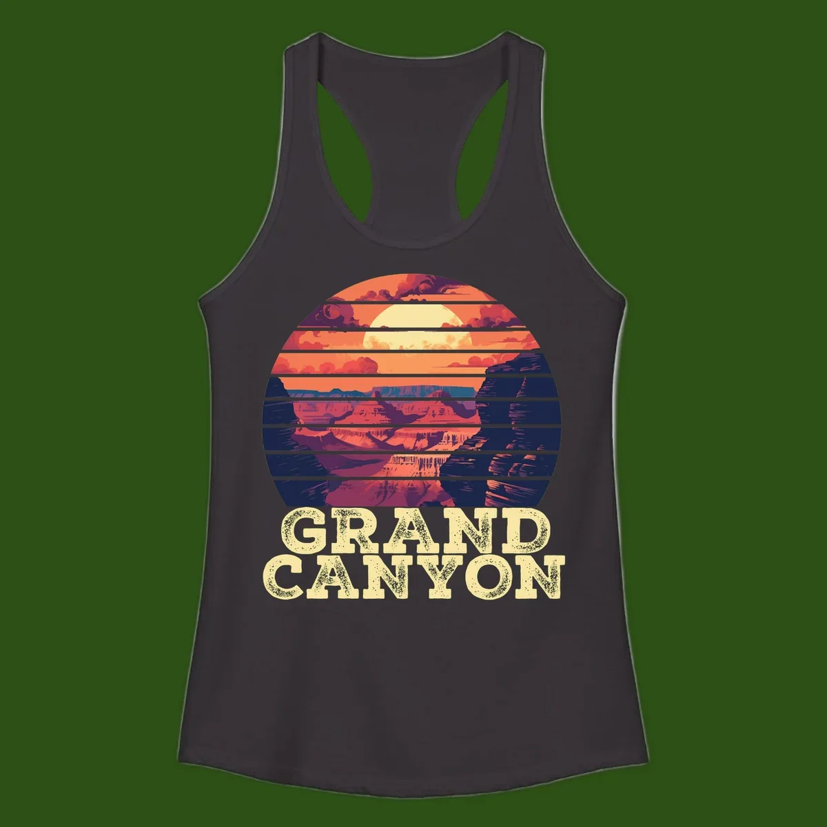 Grand Canyon sunset landscape in horizontal stripes with warm orange and red tones fading to dark blue, featuring distressed GRAND CANYON text
