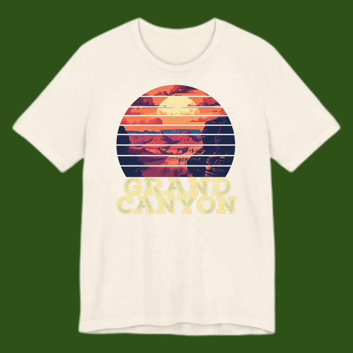 Grand Canyon sunset landscape in horizontal stripes with warm orange and red tones fading to dark blue, featuring distressed GRAND CANYON text