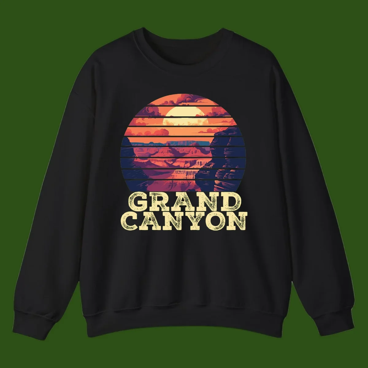 Grand Canyon sunset landscape in horizontal stripes with warm orange and red tones fading to dark blue, featuring distressed GRAND CANYON text