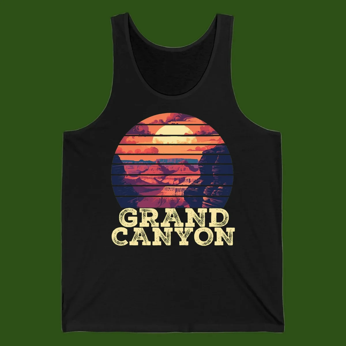 Grand Canyon sunset landscape in horizontal stripes with warm orange and red tones fading to dark blue, featuring distressed GRAND CANYON text
