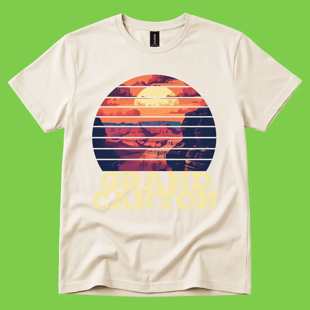 Grand Canyon sunset landscape in horizontal stripes with warm orange and red tones fading to dark blue, featuring distressed GRAND CANYON text
