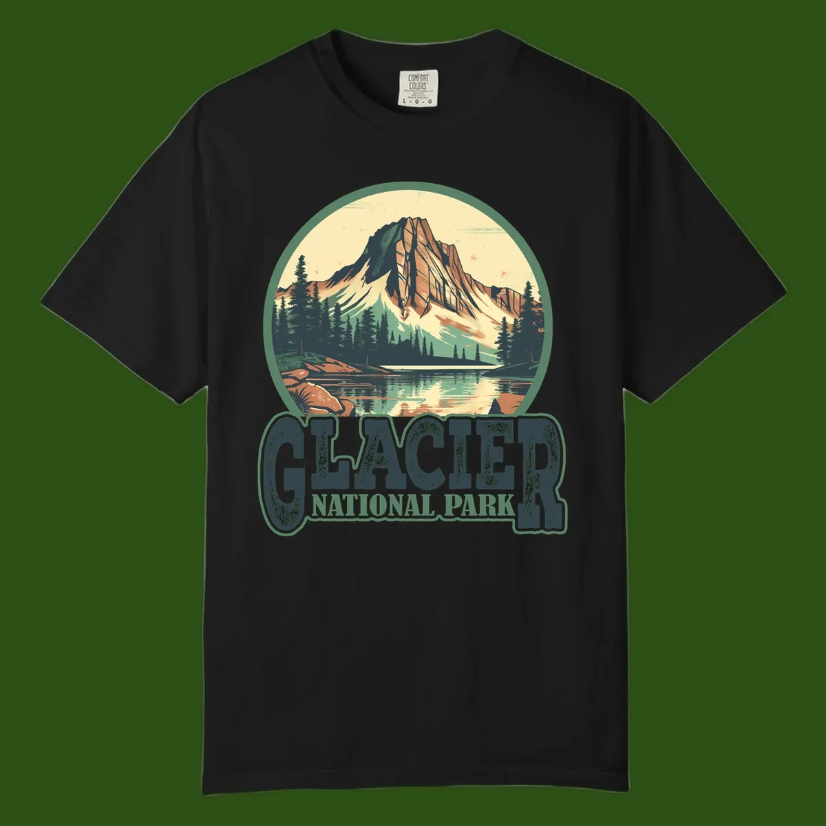Vintage illustration of Glacier National Park mountain reflecting in alpine lake, surrounded by evergreen forest and rocky shore in circular badge design