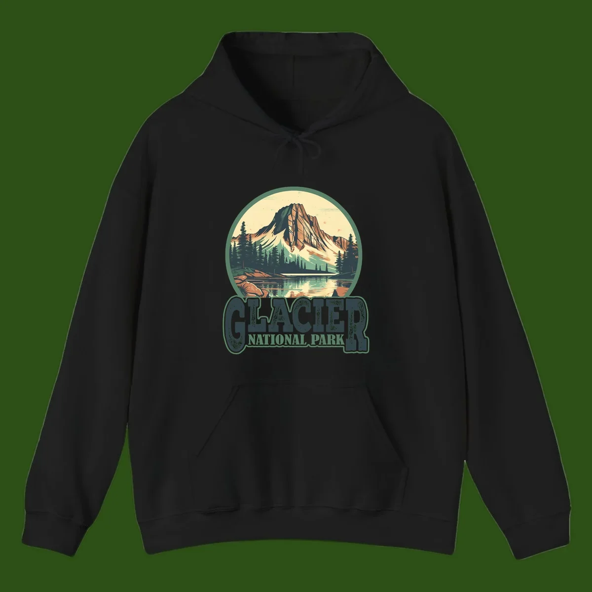 Vintage illustration of Glacier National Park mountain reflecting in alpine lake, surrounded by evergreen forest and rocky shore in circular badge design