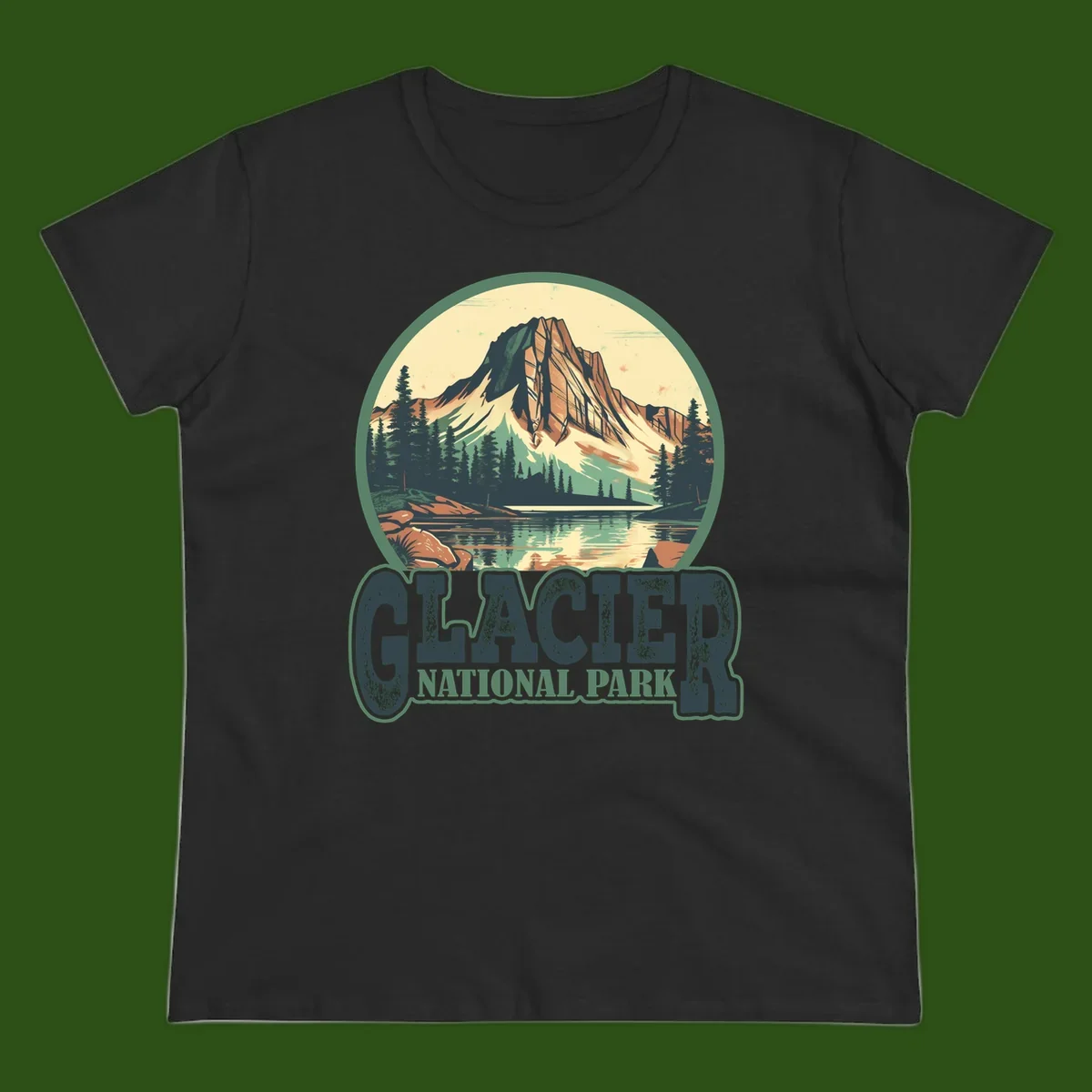 Vintage illustration of Glacier National Park mountain reflecting in alpine lake, surrounded by evergreen forest and rocky shore in circular badge design