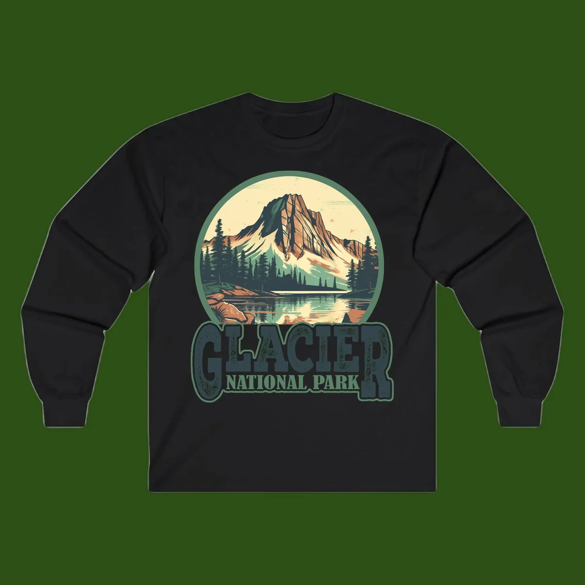 Vintage illustration of Glacier National Park mountain reflecting in alpine lake, surrounded by evergreen forest and rocky shore in circular badge design