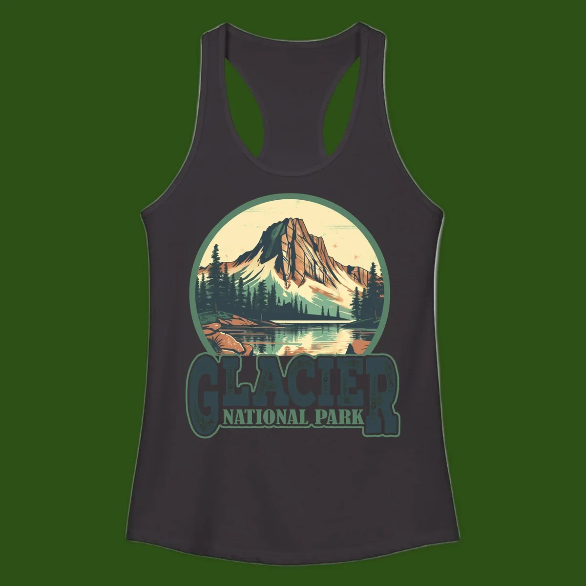 Vintage illustration of Glacier National Park mountain reflecting in alpine lake, surrounded by evergreen forest and rocky shore in circular badge design