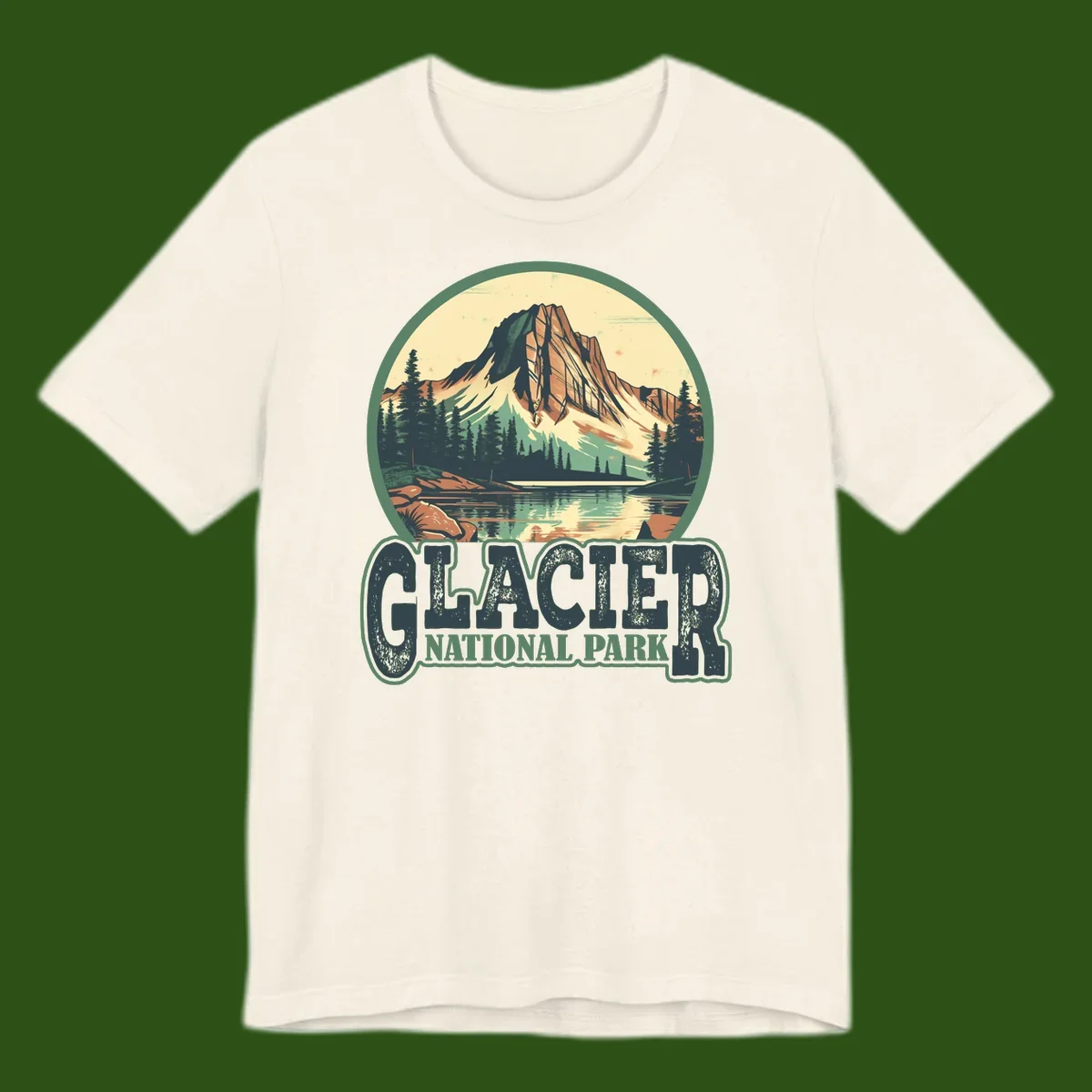 Vintage illustration of Glacier National Park mountain reflecting in alpine lake, surrounded by evergreen forest and rocky shore in circular badge design