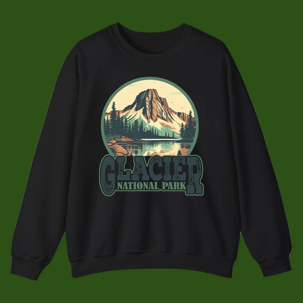 Vintage illustration of Glacier National Park mountain reflecting in alpine lake, surrounded by evergreen forest and rocky shore in circular badge design