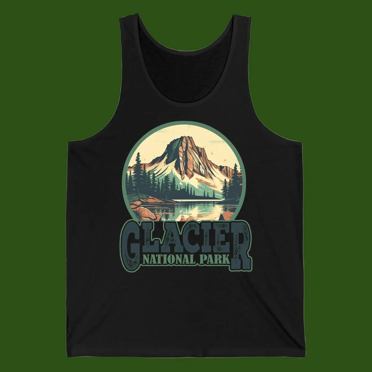 Vintage illustration of Glacier National Park mountain reflecting in alpine lake, surrounded by evergreen forest and rocky shore in circular badge design