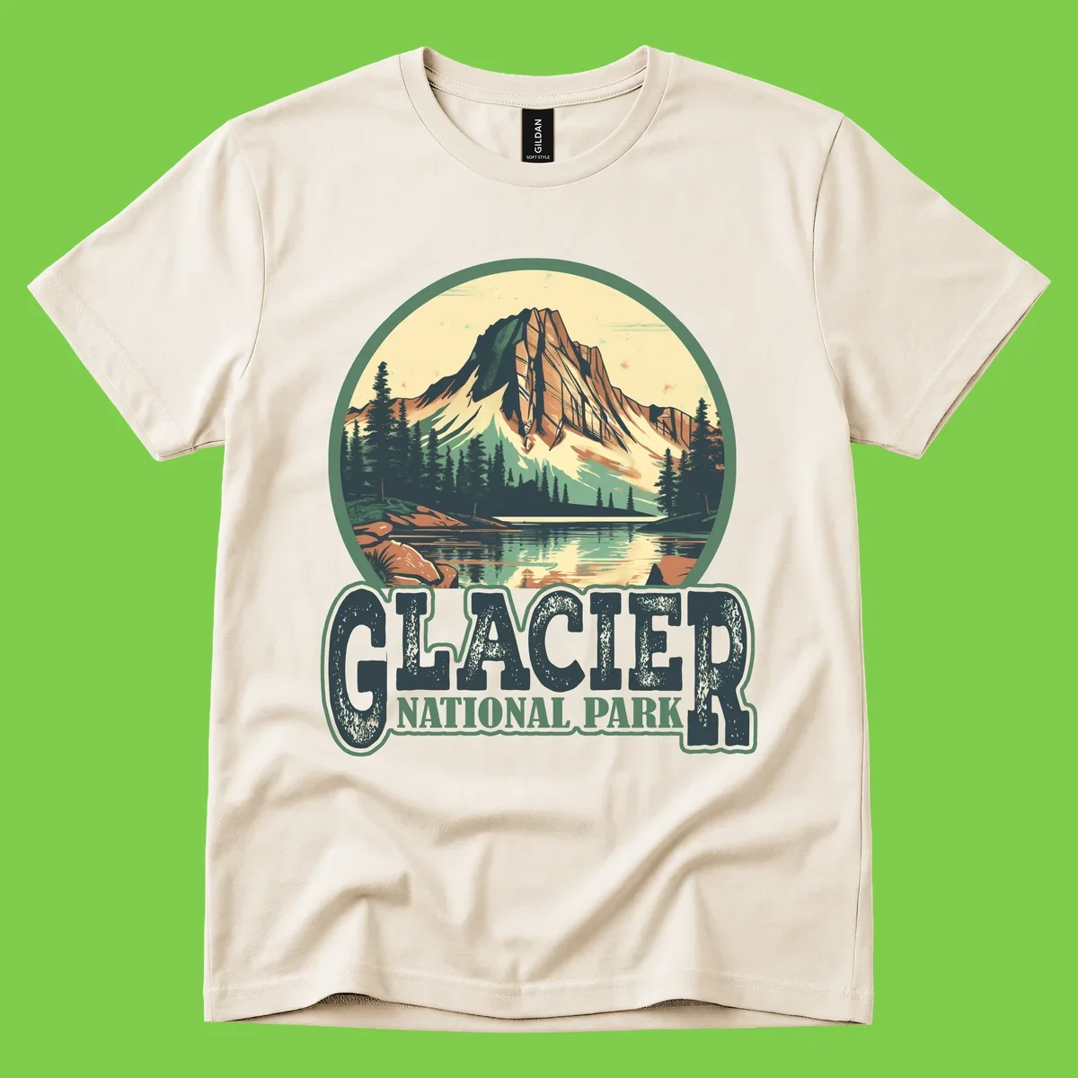 Vintage illustration of Glacier National Park mountain reflecting in alpine lake, surrounded by evergreen forest and rocky shore in circular badge design