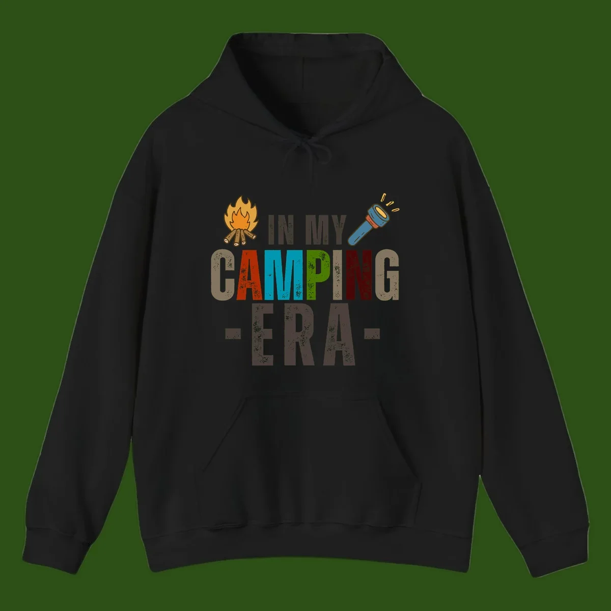 Campfire and flashlight icons flank colorful distressed text reading 'In My Camping Era' on gray background