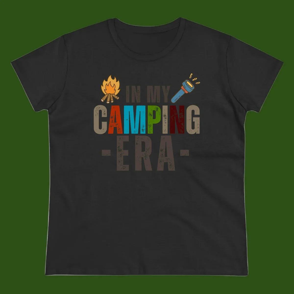 Campfire and flashlight icons flank colorful distressed text reading 'In My Camping Era' on gray background