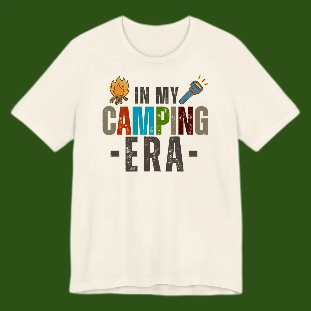 Campfire and flashlight icons flank colorful distressed text reading 'In My Camping Era' on gray background