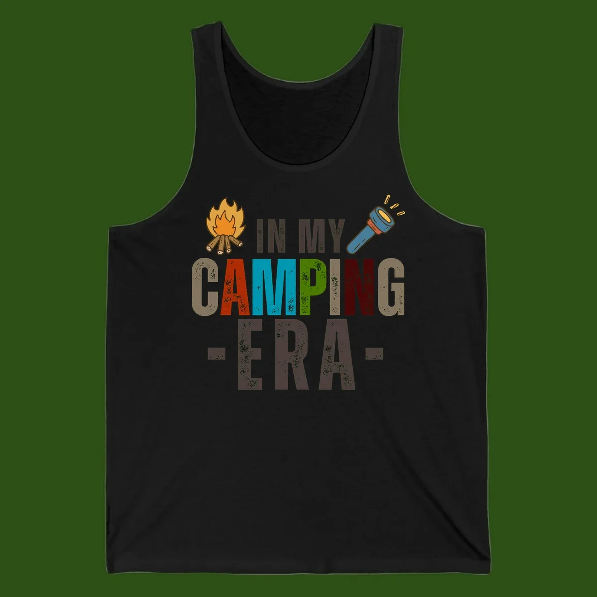 Campfire and flashlight icons flank colorful distressed text reading 'In My Camping Era' on gray background
