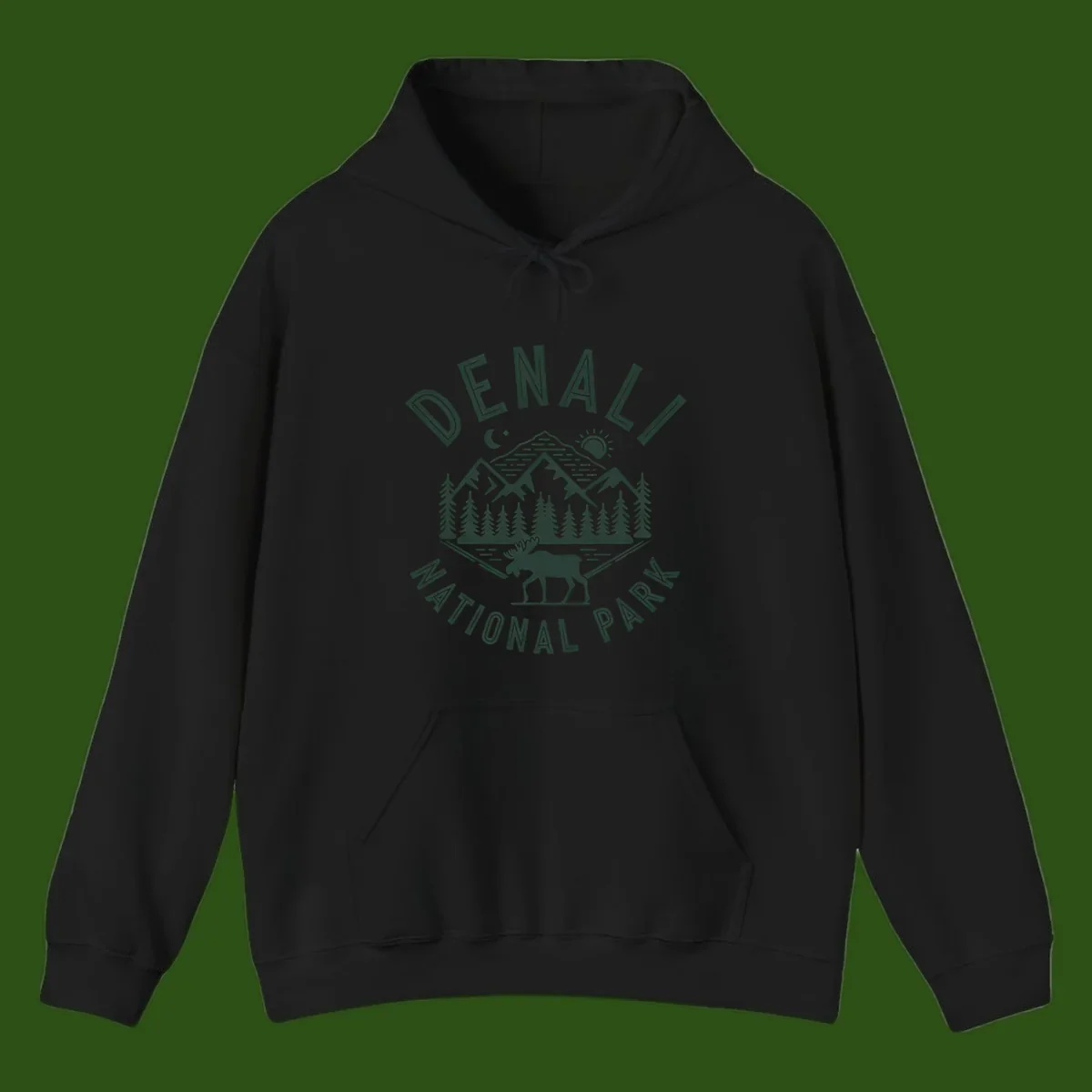 Denial National Park badge design with moose walking through forest, mountains, sun and moon with crossed fishing rods