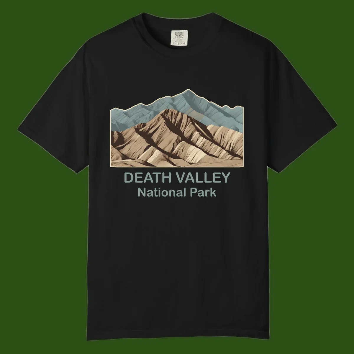Vintage-style illustration of Death Valley badlands with layered tan and brown striped mountains, teal peaks in background, and text reading Death Valley National Park.
