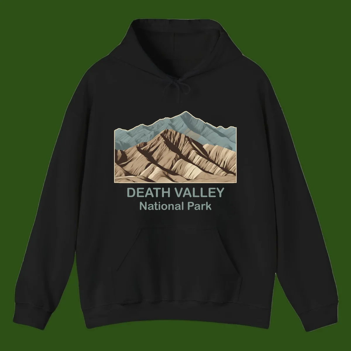 Vintage-style illustration of Death Valley badlands with layered tan and brown striped mountains, teal peaks in background, and text reading Death Valley National Park.