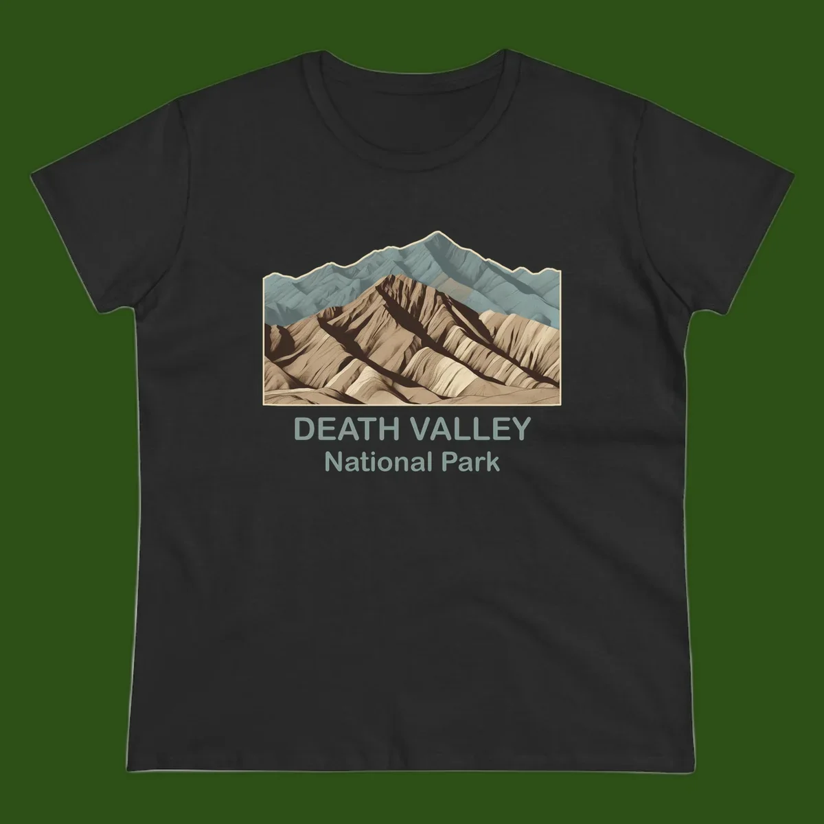 Vintage-style illustration of Death Valley badlands with layered tan and brown striped mountains, teal peaks in background, and text reading Death Valley National Park.