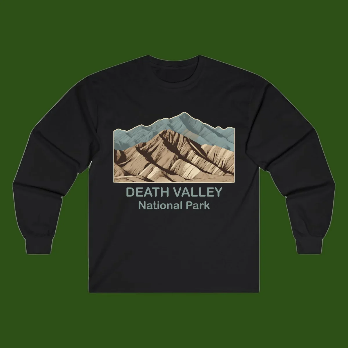 Vintage-style illustration of Death Valley badlands with layered tan and brown striped mountains, teal peaks in background, and text reading Death Valley National Park.
